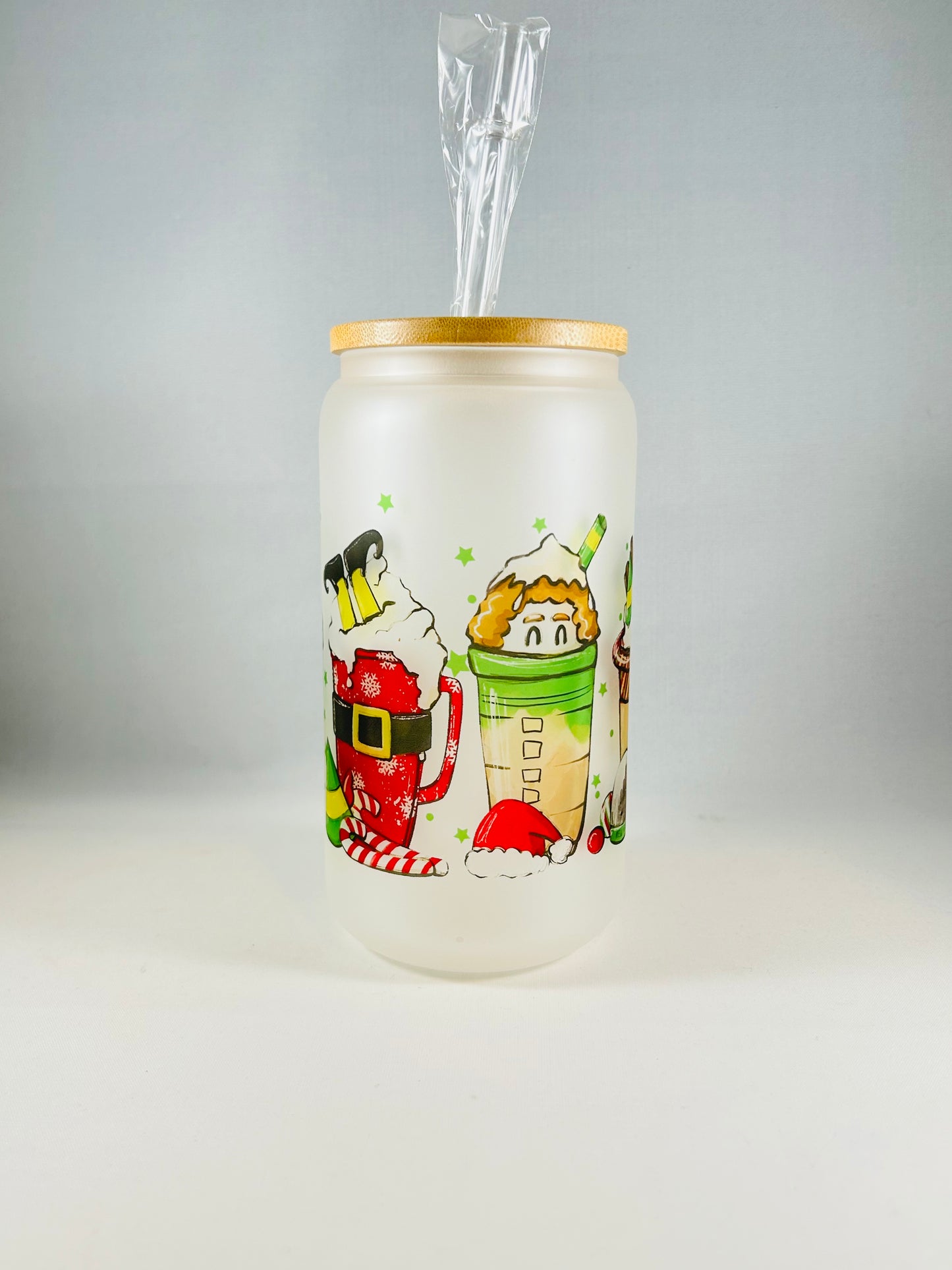 Elf Christmas Frosted Glass with Bamboo Lid
