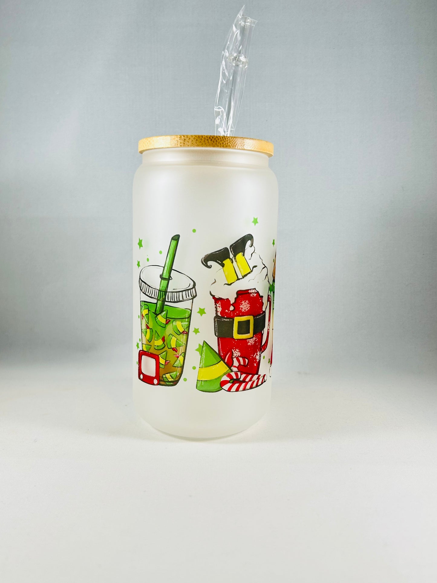 Elf Christmas Frosted Glass with Bamboo Lid