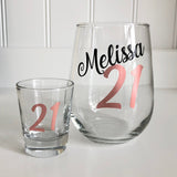 21st Birthday Personalized Wine and Shot Glass Set