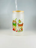 Elf Christmas Frosted Glass with Bamboo Lid