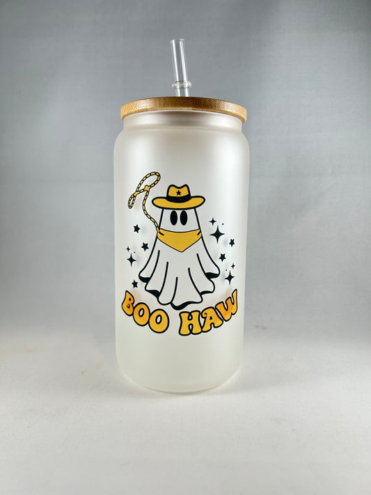 Boo Haw Halloween Glass With Bamboo Lid and Straw