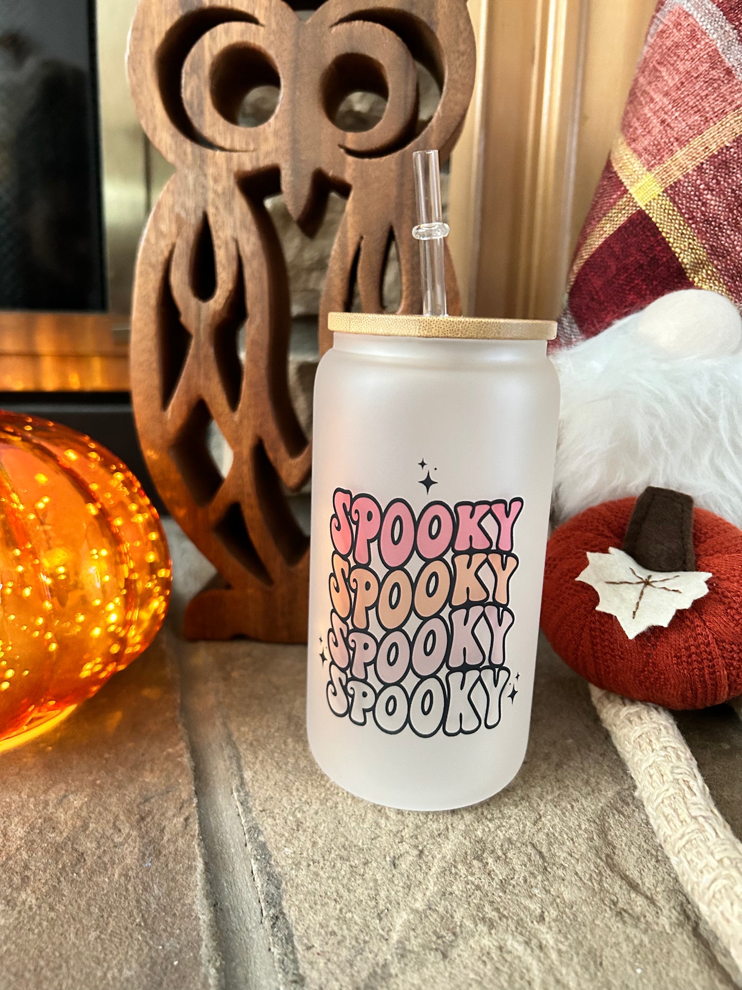 Spooky Glass With Bamboo Lid and Straw