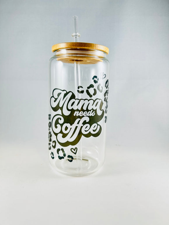 Mama Needs Coffee Glass with Bamboo Lid and Straw